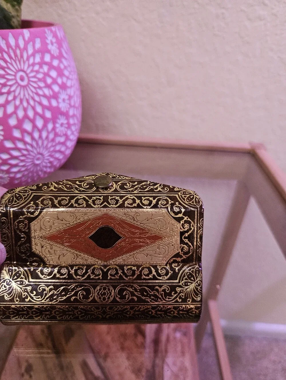 Antique made in Italy lipstick case holder mirror with Button closure.